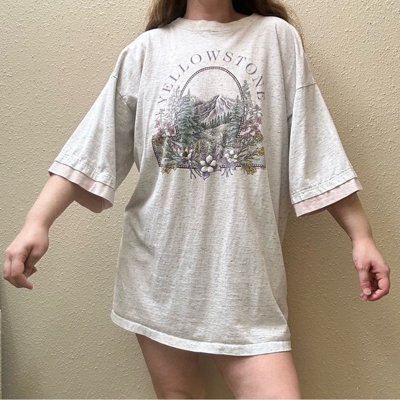 Vintage 90s Yellowstone T-Shirt Dress Sleep Pajama XXL Pink Gray Outdoor Graphic - Picture 1 of 10